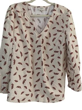 LOFT Cream V-Neck Blouse with Rust Leaf Motif